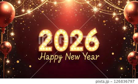 Elegant 2026 New Year celebration background with glowing lights and balloons Elegant 2026 New Year celebration background with glowing lights and balloons 126836797