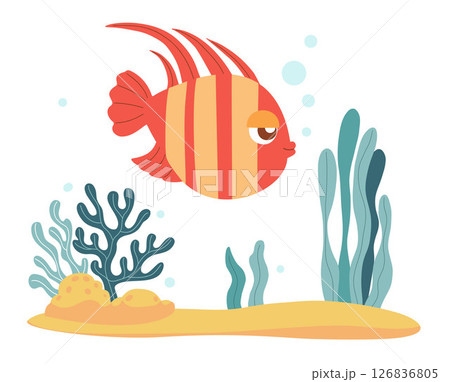Sea tropical striped fish and algae and coral on sandy seabed. Cartoon swimming character animal. Underwater seascape landscape. Vector illustration. Kids collection 126836805