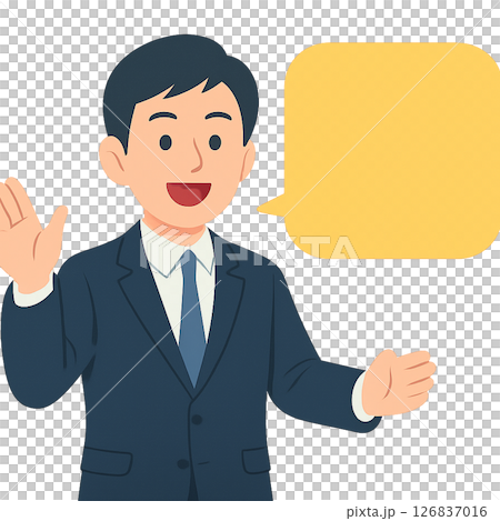 A male character in a suit speaking with a speech bubble, an illustration of a businessman explaining cheerfully, and a company employee 126837016