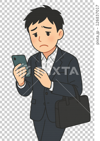 A man in a suit who is depressed after seeing a notification on his smartphone, a businessman who is shocked by bad news, 126837017