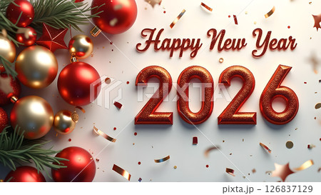 Festive Happy New Year 2026 Celebration with Golden and Red Ornaments Design 126837129