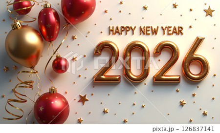 Elegant Happy New Year 2026 Celebration with Golden Ornaments and Confetti Stars 126837141