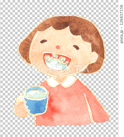 Watercolor style illustration of a girl gargling Childcare and educational materials 126837156