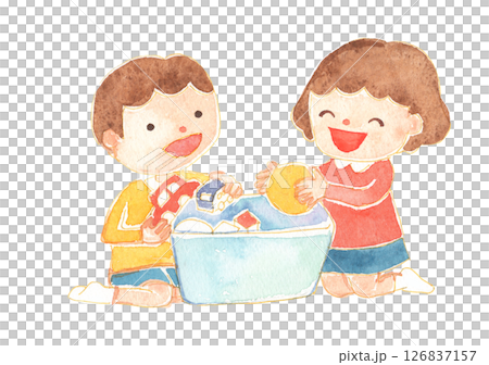 Watercolor style illustration of a child putting away toys Childcare and educational materials 126837157