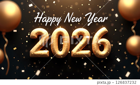 Elegant Happy New Year 2026 Celebration with Golden Balloons and Glitter Effect 126837232