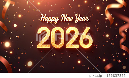 Elegant Happy New Year 2026 Celebration with Golden Confetti and Ribbons Elegant Happy New Year 2026 Celebration with Golden Confetti and Ribbons 126837233