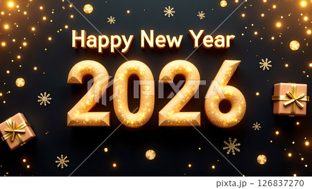 Golden Happy New Year 2026 Celebration with Sparkling Lights and Gift Boxes Golden Happy New Year 2026 Celebration with Sparkling Lights and Gift Boxes 126837270