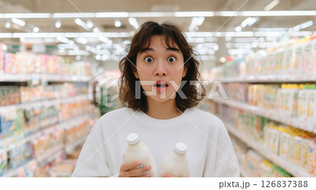 スーパーで牛乳を持ち驚いた表情の若い女性、物価高騰イメージ 126837388