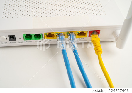 Ethernet cable with wireless router connect to internet service provider network. 126837408