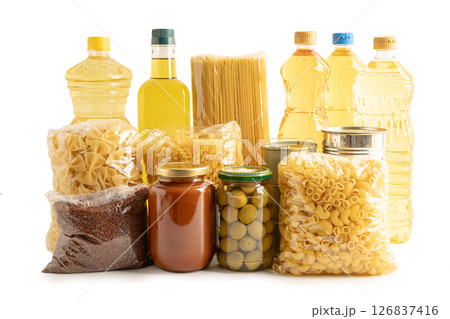 Foodstuffs in donation box isolated on white background with clipping path for volunteer to help people. 126837416