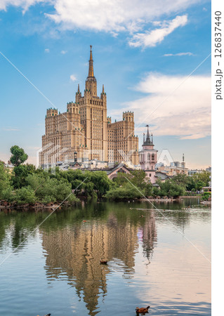 The view on the residential Stalinist high-rise building on Kudrinskaya Square. It is the one of seven Stalinist skyscrapers built in 1947-1954. The view on the residential Stalinist high-rise building on Kudrinskaya Square. It is the one of seven Stalinist skyscrapers built in 1947-1954. 126837440