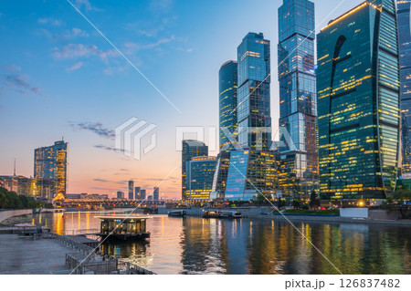 High buildings of Moscow-City at Moskva River at summer sunset, Russia. 126837482