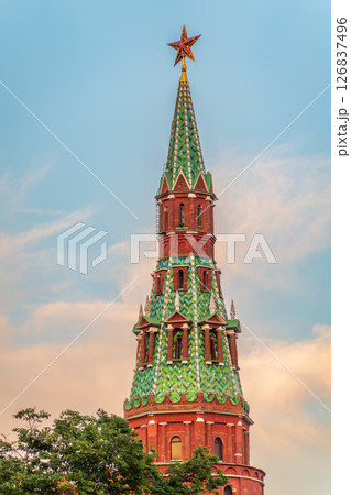 Vodovzvodnaya Tower at southwestern corner of Moscow Kremlin, overlooking Moscow River. Moscow, Russia 126837496