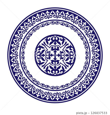 Round Blue frame with large pattern in center. Ornamental elements, motifs of Kazakh, Kyrgyz, Uzbek. Round frame. Turkic ornament. For ceramic, textile, print design, embroidery, sandblaster, laser Round Blue frame with large pattern in center. Ornamental elements, motifs of Kazakh, Kyrgyz, Uzbek. Round frame. Turkic ornament. For ceramic, textile, print design, embroidery, sandblaster, laser 126837533