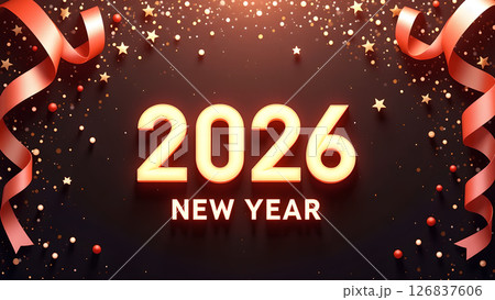 Festive 2026 New Year Celebration with Gold Confetti and Ribbon Decoration 126837606