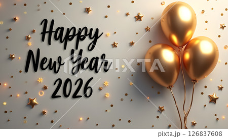 Elegant Happy New Year 2026 Celebration with Golden Balloons and Festive Decorations 126837608