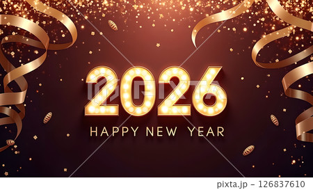 Elegant 2026 New Year celebration background with golden ribbons and sparkling lights 126837610