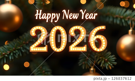 Festive 2026 New Year Celebration with Glowing Numbers and Christmas Ornaments Festive 2026 New Year Celebration with Glowing Numbers and Christmas Ornaments 126837612