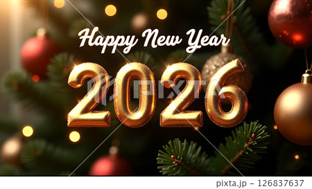 Festive Happy New Year 2026 greeting card with golden numbers and ornaments 126837637