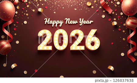 Festive Happy New Year 2026 Celebration with Balloons and Confetti Background 126837638