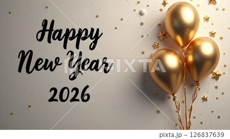 Elegant Happy New Year 2026 Celebration with Golden Balloons and Star Confetti 126837639