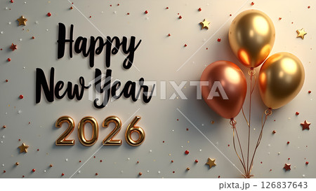 Elegant Happy New Year 2026 celebration with golden balloons and confetti design Elegant Happy New Year 2026 celebration with golden balloons and confetti design 126837643