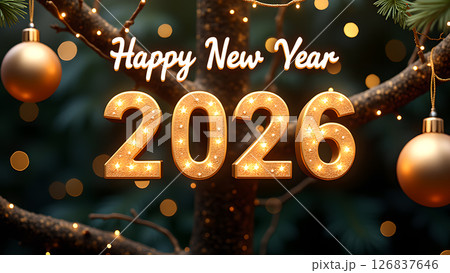 Festive Happy New Year 2026 Celebration with Golden Ornaments and Sparkling Lights Festive Happy New Year 2026 Celebration with Golden Ornaments and Sparkling Lights 126837646