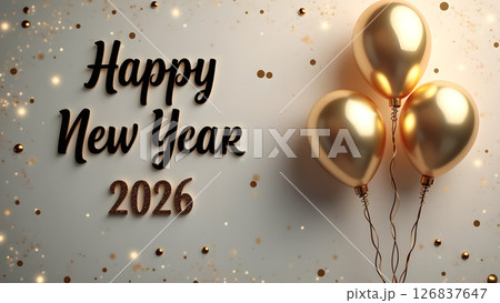 Elegant Happy New Year 2026 Celebration with Golden Balloons and Festive Sparkles 126837647