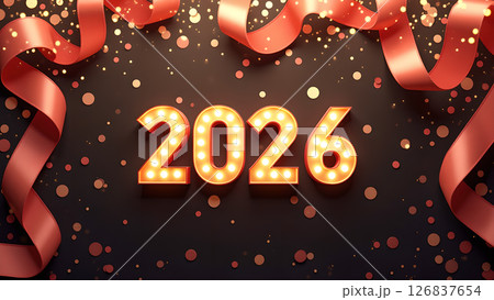 Festive 2026 New Year celebration with glowing numerals and elegant ribbons 126837654