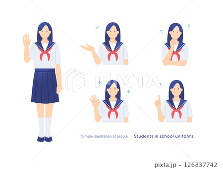セーラー服姿の女子高生 夏服を着た女の子の5ポーズセット セーラー服姿の女子高生 夏服を着た女の子の5ポーズセット 126837742
