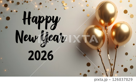 Elegant Happy New Year 2026 Celebration with Golden Balloons and Star Confetti 126837829