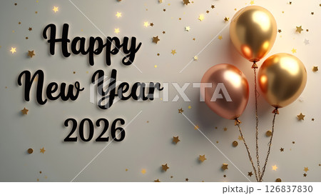 Festive and illuminated 2026 New Year design with ribbons and confetti background 126837830