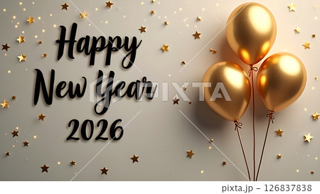 Elegant Happy New Year 2026 Celebration with Golden Balloons and Sparkling Stars 126837838