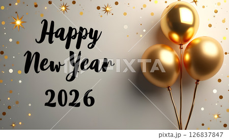 Elegant Happy New Year 2026 Celebration with Golden Balloons and Glittering Confetti 126837847