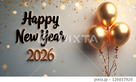 Elegant Happy New Year 2026 celebration with golden balloons and sparkling confetti 126837920