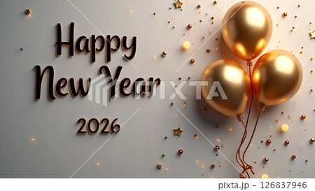 Elegant Happy New Year 2026 Celebration with Golden Balloons and Festive Decorations 126837946