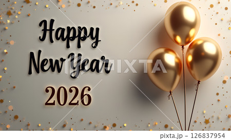 Elegant Happy New Year 2026 Celebration with Golden Balloons and Glitter Confetti 126837954