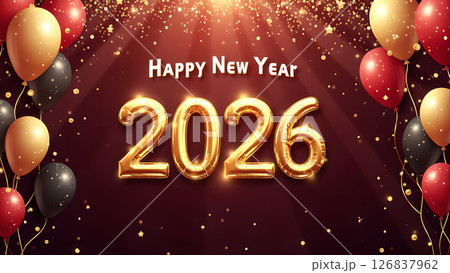 Festive Happy New Year 2026 celebration background with golden balloon numbers and confetti Festive Happy New Year 2026 celebration background with golden balloon numbers and confetti 126837962