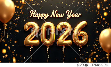 Festive 2026 New Year Celebration with Golden Balloons and Confetti on Black Backdrop Festive 2026 New Year Celebration with Golden Balloons and Confetti on Black Backdrop 126838030