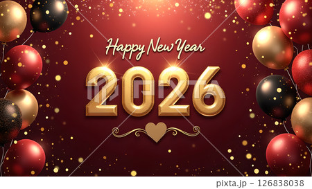 Festive Happy New Year 2026 Celebration with Balloons and Sparkle Background Festive Happy New Year 2026 Celebration with Balloons and Sparkle Background 126838038