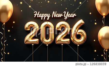 Elegant new year 2026 greeting with golden balloon numbers and confetti Elegant new year 2026 greeting with golden balloon numbers and confetti 126838039