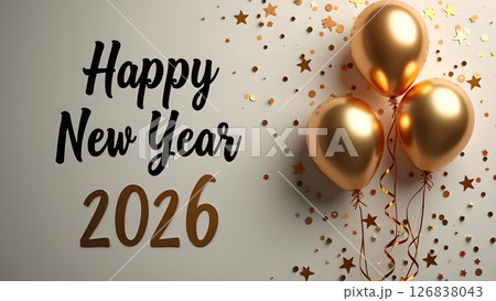 Elegant Happy New Year 2026 Celebration with Golden Balloons and Confetti Elegant Happy New Year 2026 Celebration with Golden Balloons and Confetti 126838043