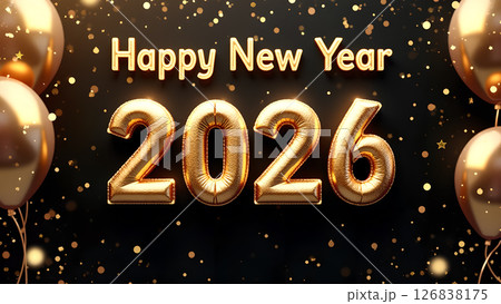 Festive New Year 2026 Celebration with Golden Balloons and Confetti Decoration 126838175