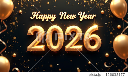 Elegant Happy New Year 2026 Celebration with Golden Balloons and Confetti 126838177