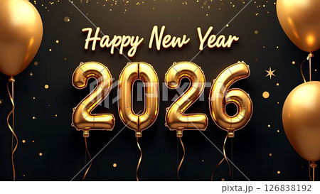Festive celebration of the arrival of 2026 New Year with golden balloons 126838192
