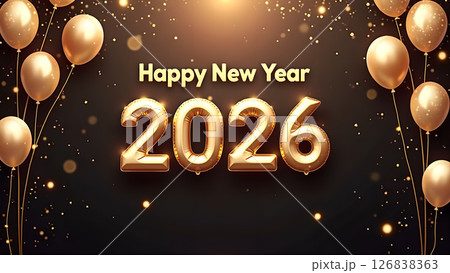 Festive New Year 2026 Celebration with Golden Balloons and Sparkling Confetti 126838363