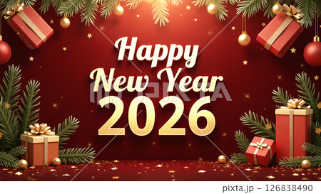 Festive and elegant Happy New Year 2026 celebration background with gift boxes and pine branches Festive and elegant Happy New Year 2026 celebration background with gift boxes and pine branches 126838490