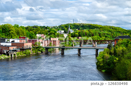 Aerial view of Calumet Bridge and Maine Central Railroad Bridge across the Kennebec River in Augusta, Maine, United States Aerial view of Calumet Bridge and Maine Central Railroad Bridge across the Kennebec River in Augusta, Maine, United States 126838498