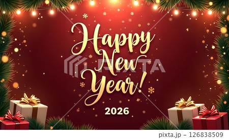 Festive Happy New Year 2026 Greeting Card Design with Presents and Decorations Festive Happy New Year 2026 Greeting Card Design with Presents and Decorations 126838509