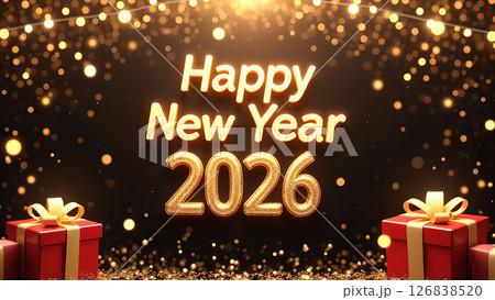 Festive Happy New Year 2026 Celebration with Gift Boxes and Sparkling Lights Festive Happy New Year 2026 Celebration with Gift Boxes and Sparkling Lights 126838520